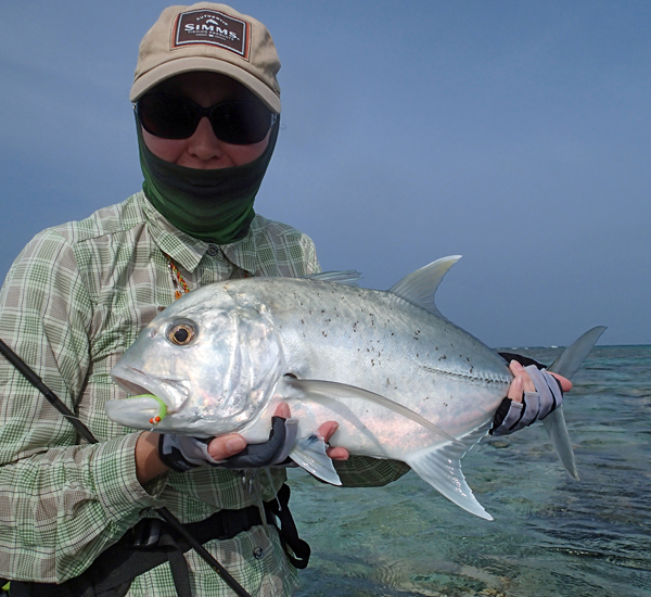 Kleiner Giant Trevally auf Fliege